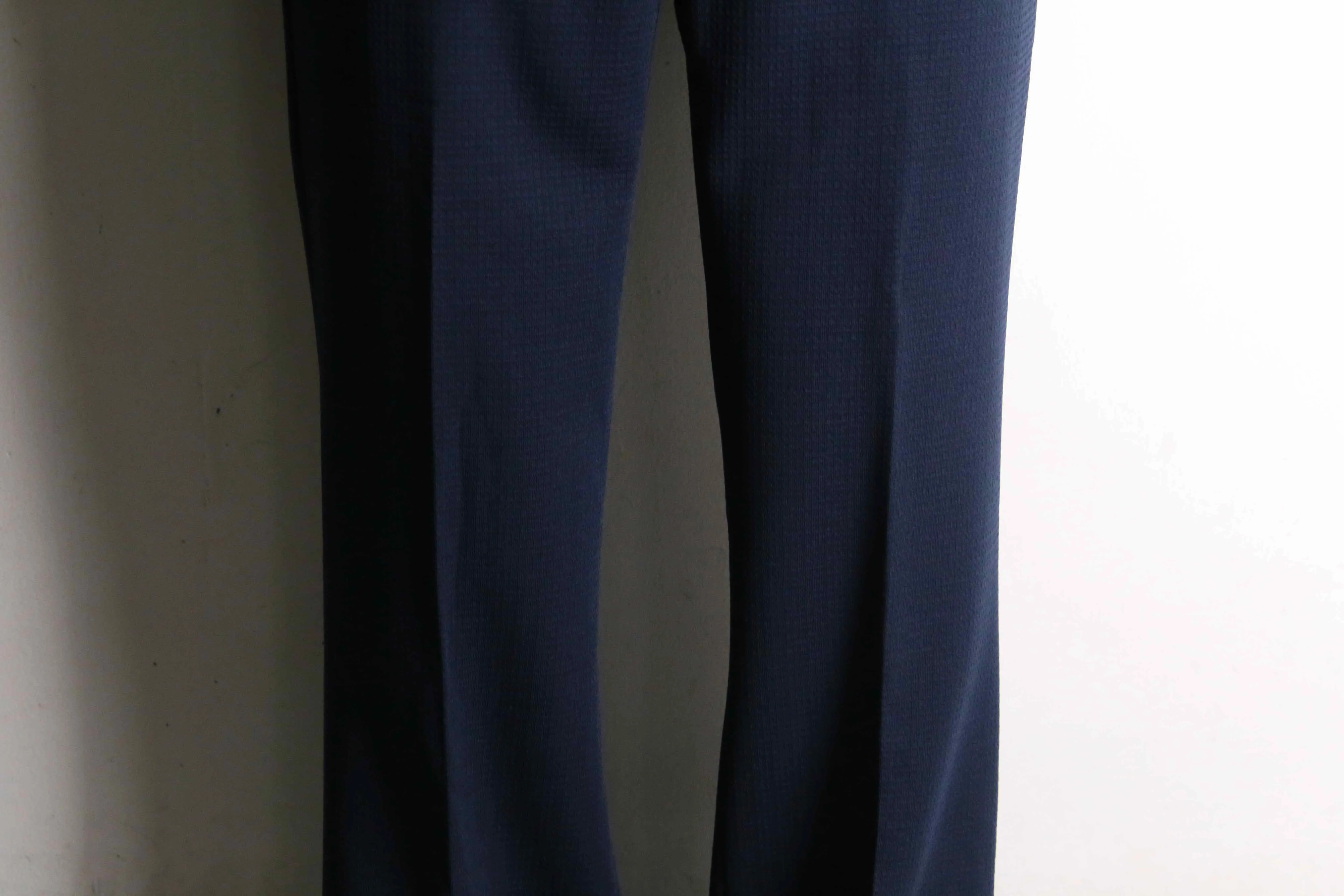 70's navy poly knitting stitch design flare pants