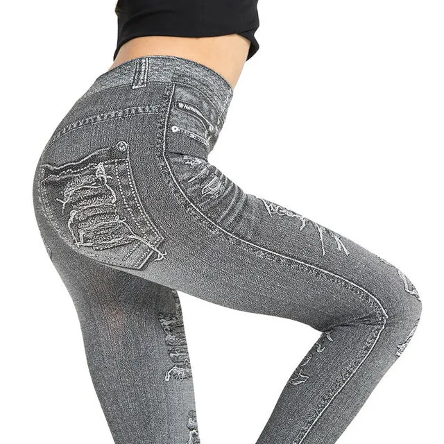 Autumn Women Print Leggings Mock Pocket