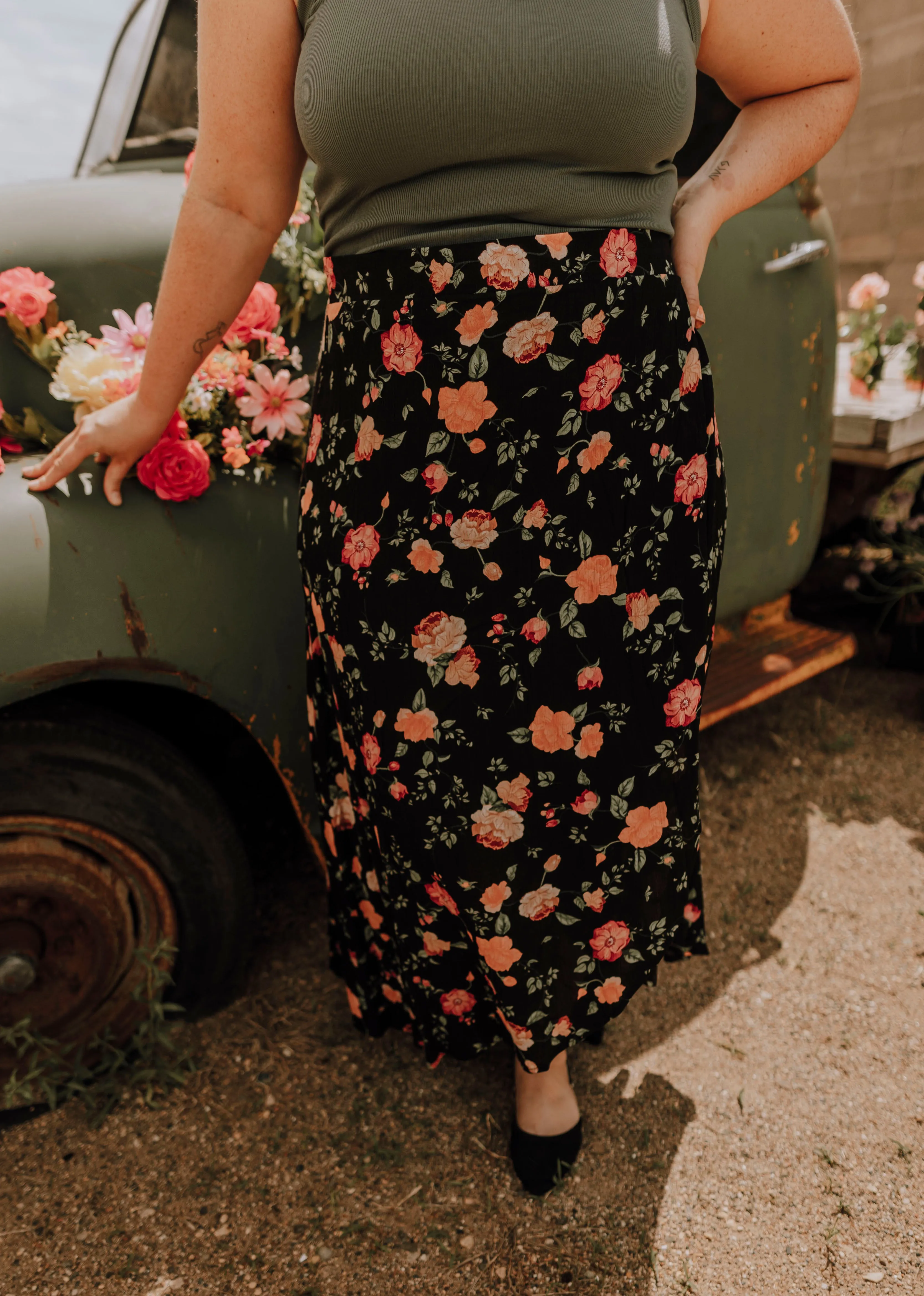 Black Floral Wrap Skirt