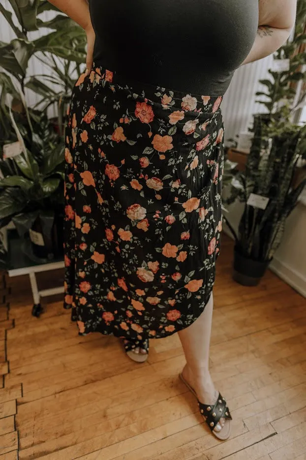 Black Floral Wrap Skirt