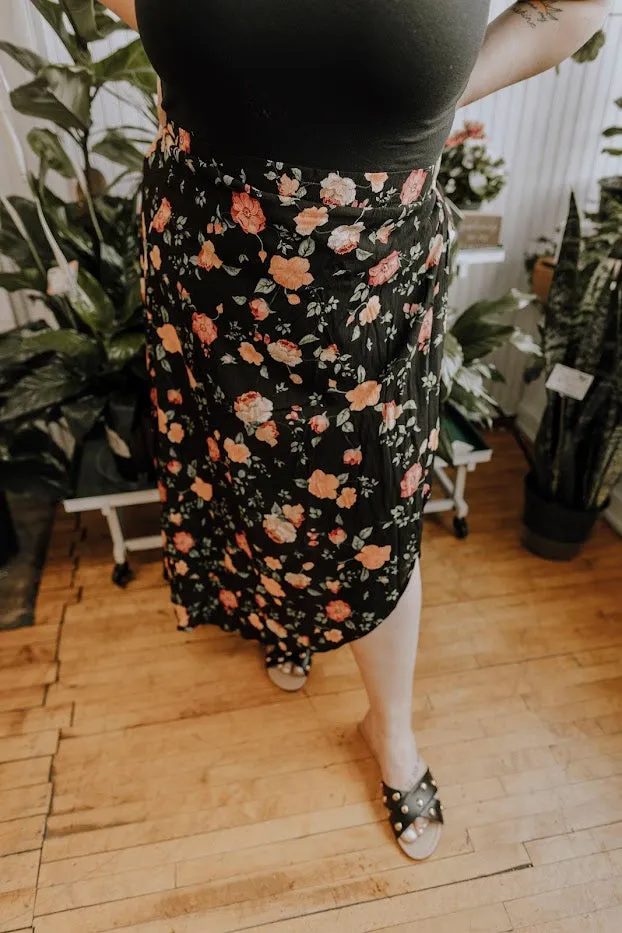 Black Floral Wrap Skirt