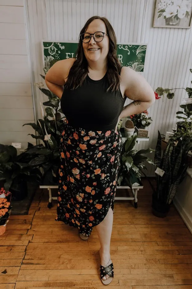 Black Floral Wrap Skirt
