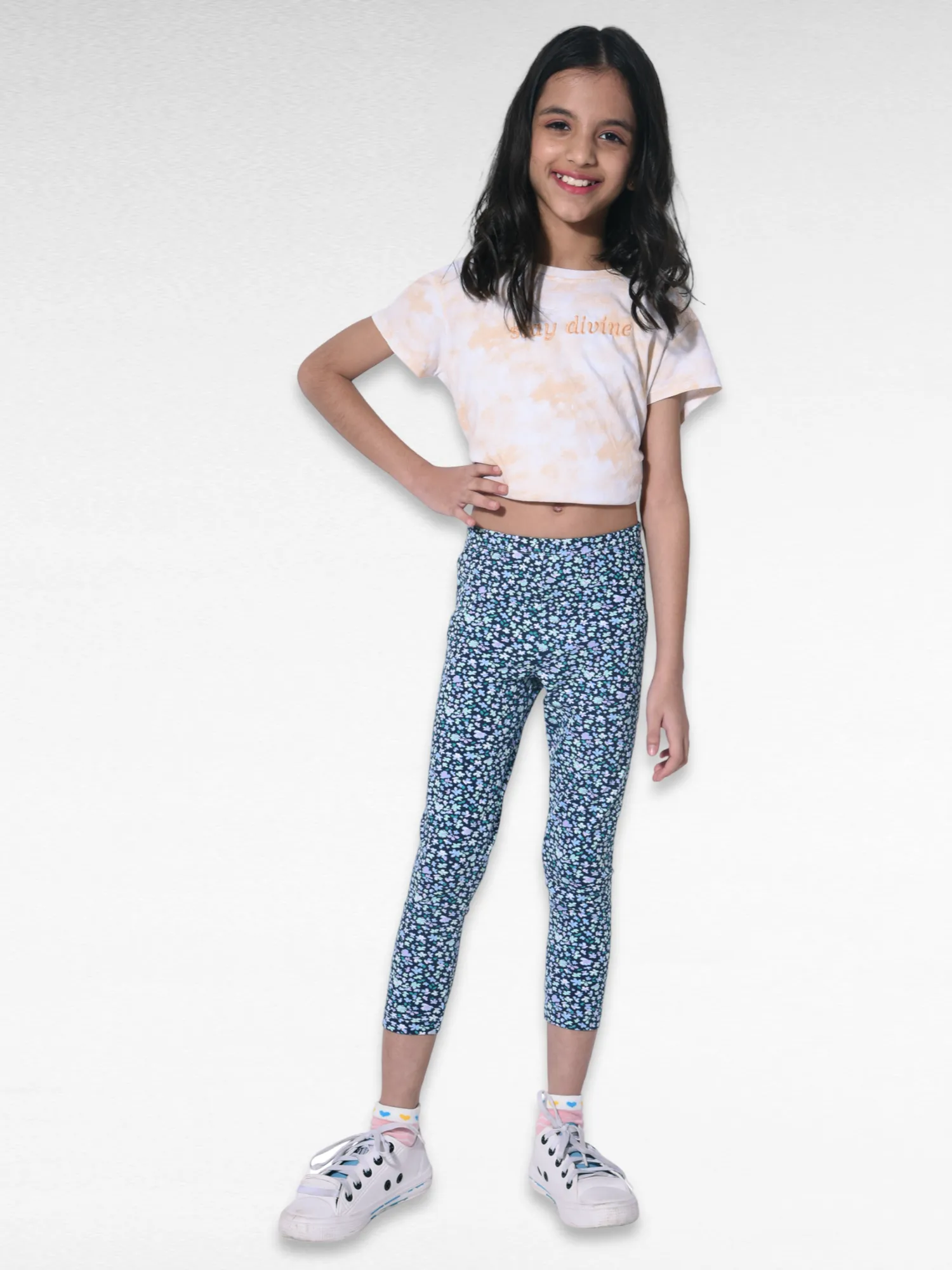 Blue Flower Girls printed leggings | Ankle Length