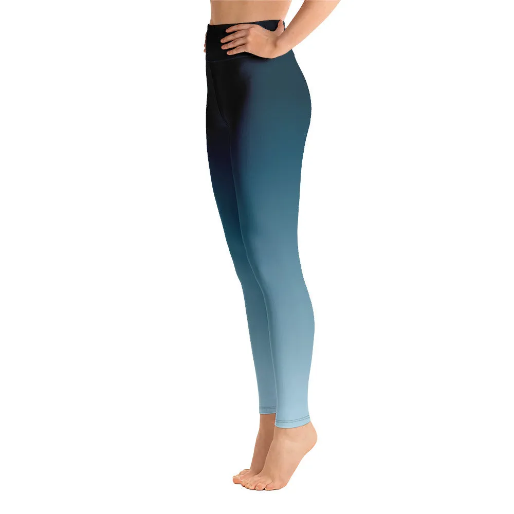 Blue Gradient Yoga Leggings Women, Ombre Tie Dye High Waisted Pants Cute Printed Graphic Workout Running Gym Designer Tights