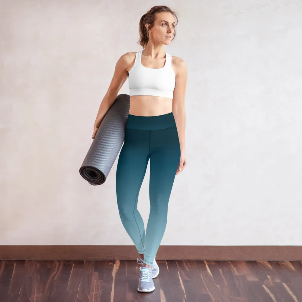 Blue Gradient Yoga Leggings Women, Ombre Tie Dye High Waisted Pants Cute Printed Graphic Workout Running Gym Designer Tights