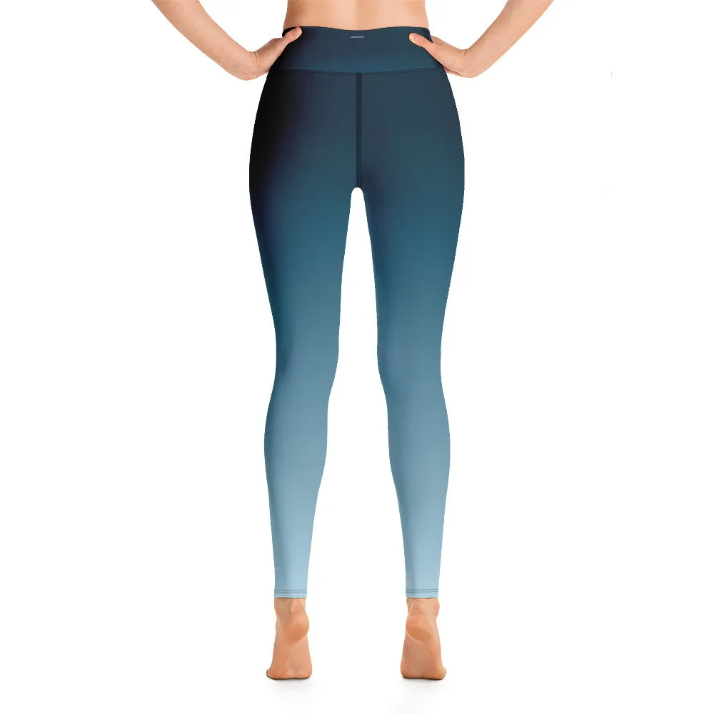 Blue Gradient Yoga Leggings Women, Ombre Tie Dye High Waisted Pants Cute Printed Graphic Workout Running Gym Designer Tights