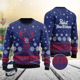 Blue Pabst Blue Ribbon Reindeer Snowy Christmas Sweater