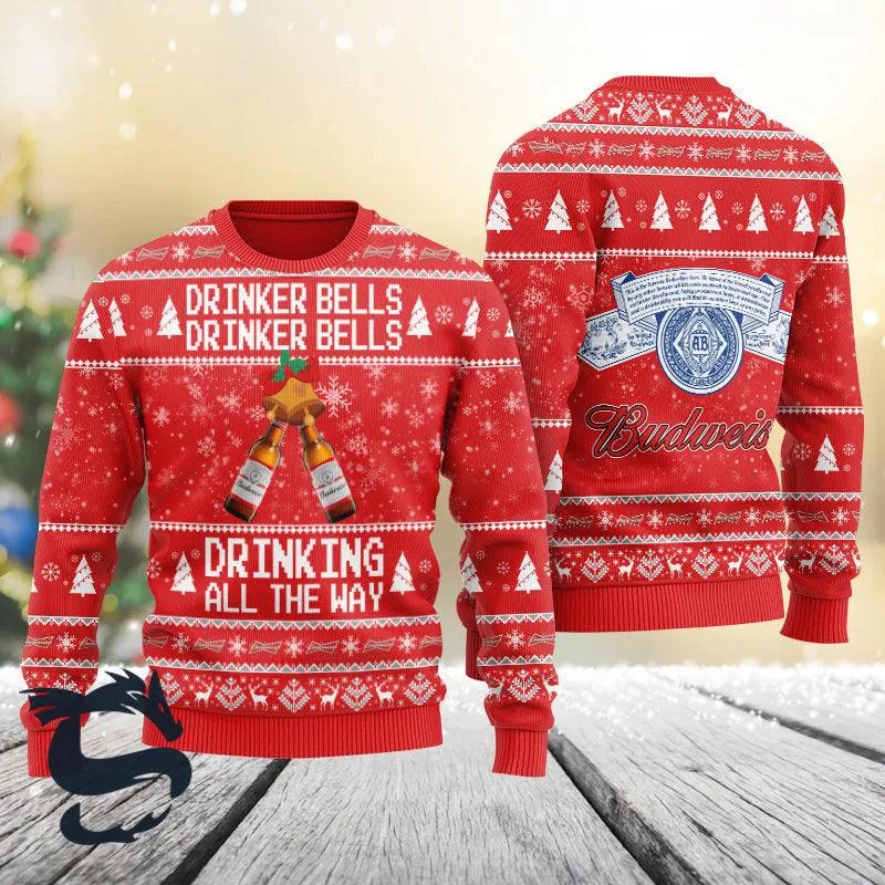 Budweiser Drinker Bells Drinking All The Way Christmas Ugly Sweater