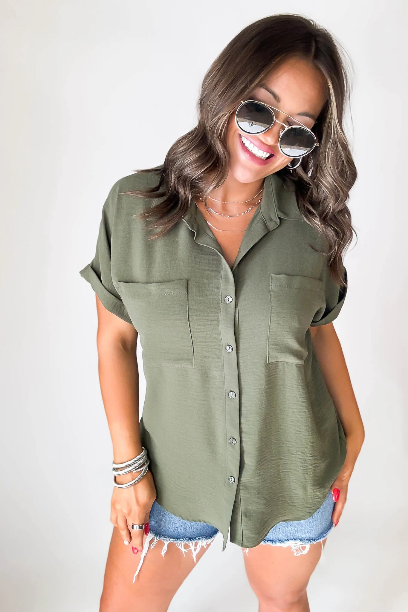 Button Down Double Pocket Olive Collared Top