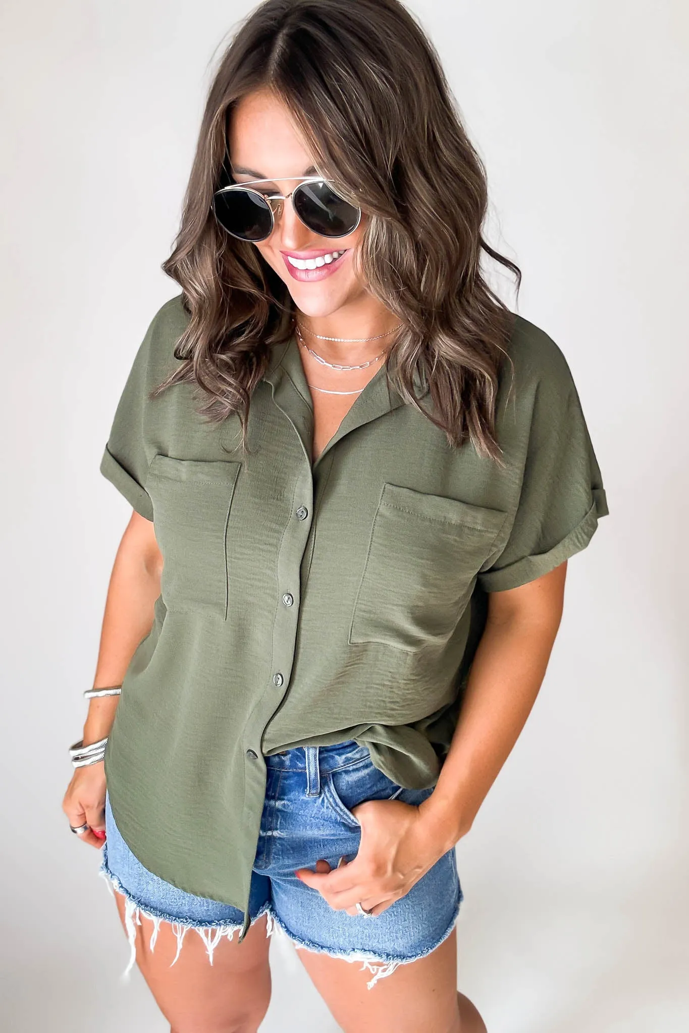 Button Down Double Pocket Olive Collared Top