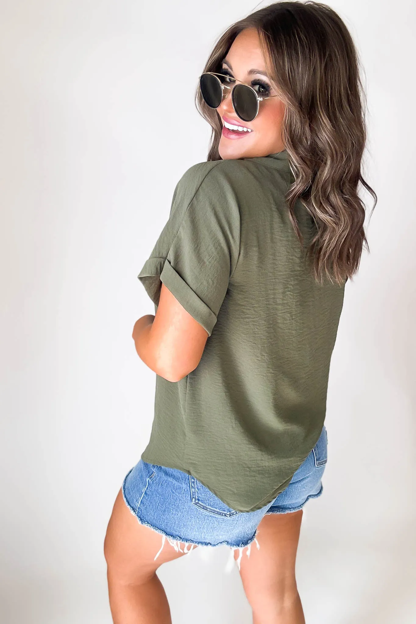 Button Down Double Pocket Olive Collared Top