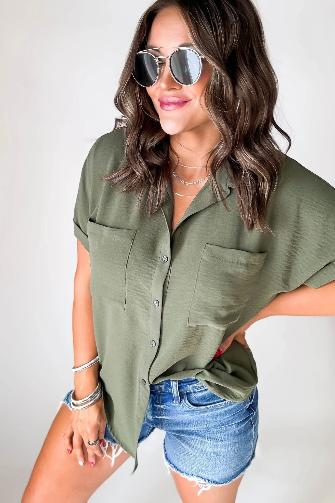 Button Down Double Pocket Olive Collared Top