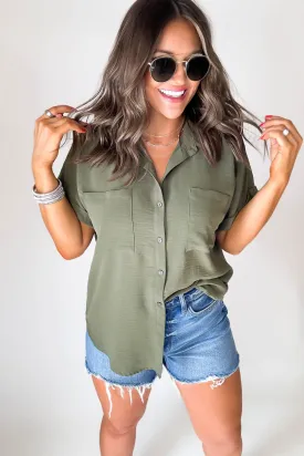 Button Down Double Pocket Olive Collared Top