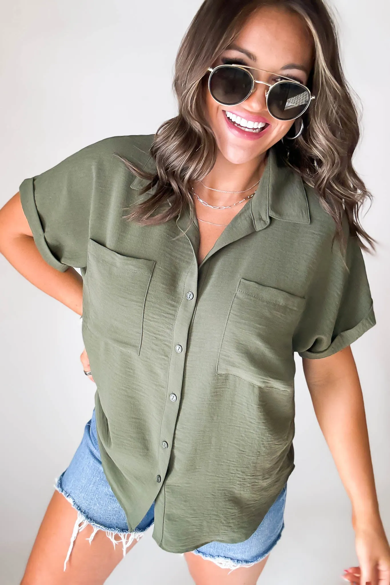 Button Down Double Pocket Olive Collared Top