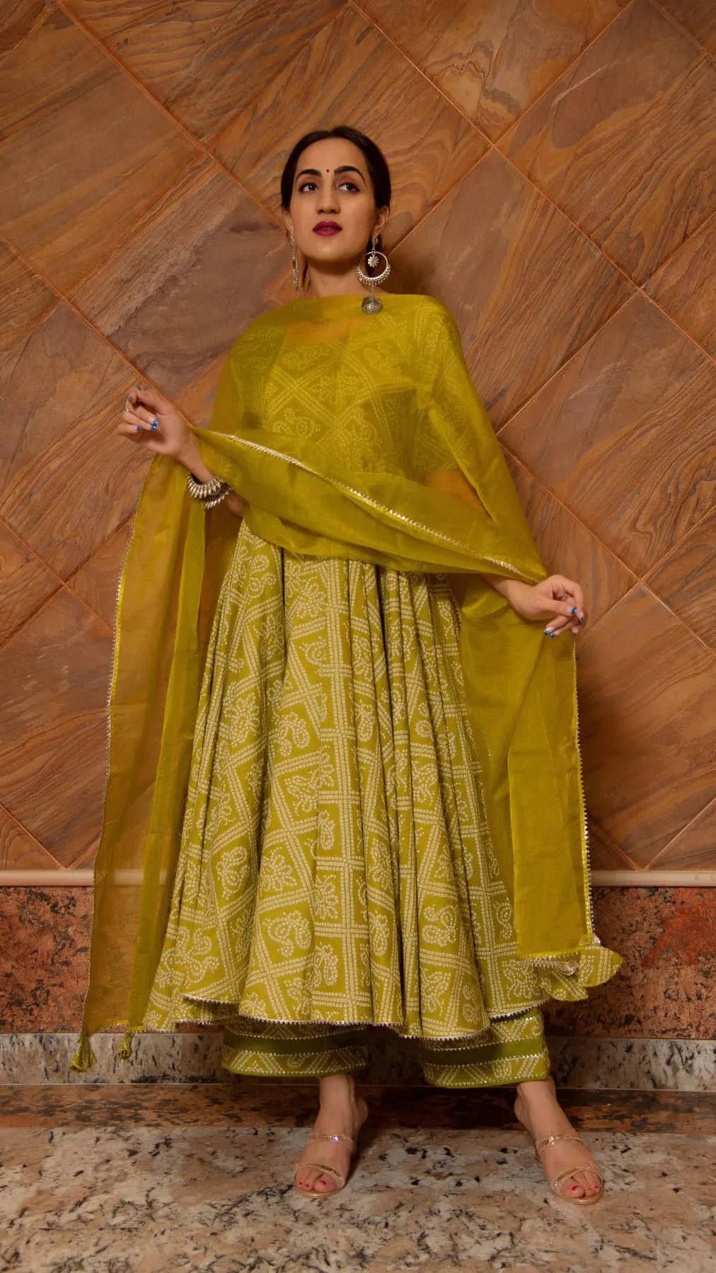 Cotton Mehendi Green Bandhej Print Anarkali Palazzo Set with Organza Dupatta