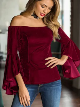DarkRed Off Shoulder Velvet Flare Sleeve Top