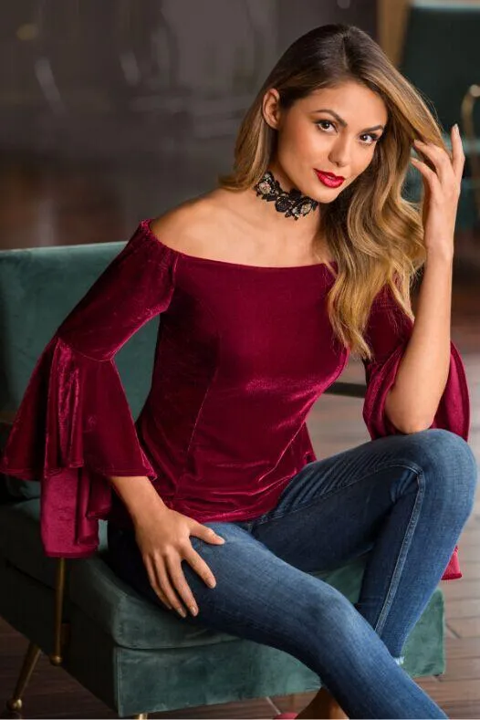 DarkRed Off Shoulder Velvet Flare Sleeve Top