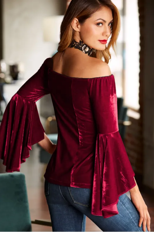 DarkRed Off Shoulder Velvet Flare Sleeve Top