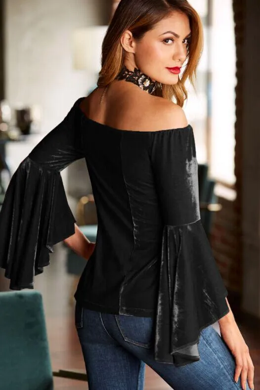 DarkRed Off Shoulder Velvet Flare Sleeve Top