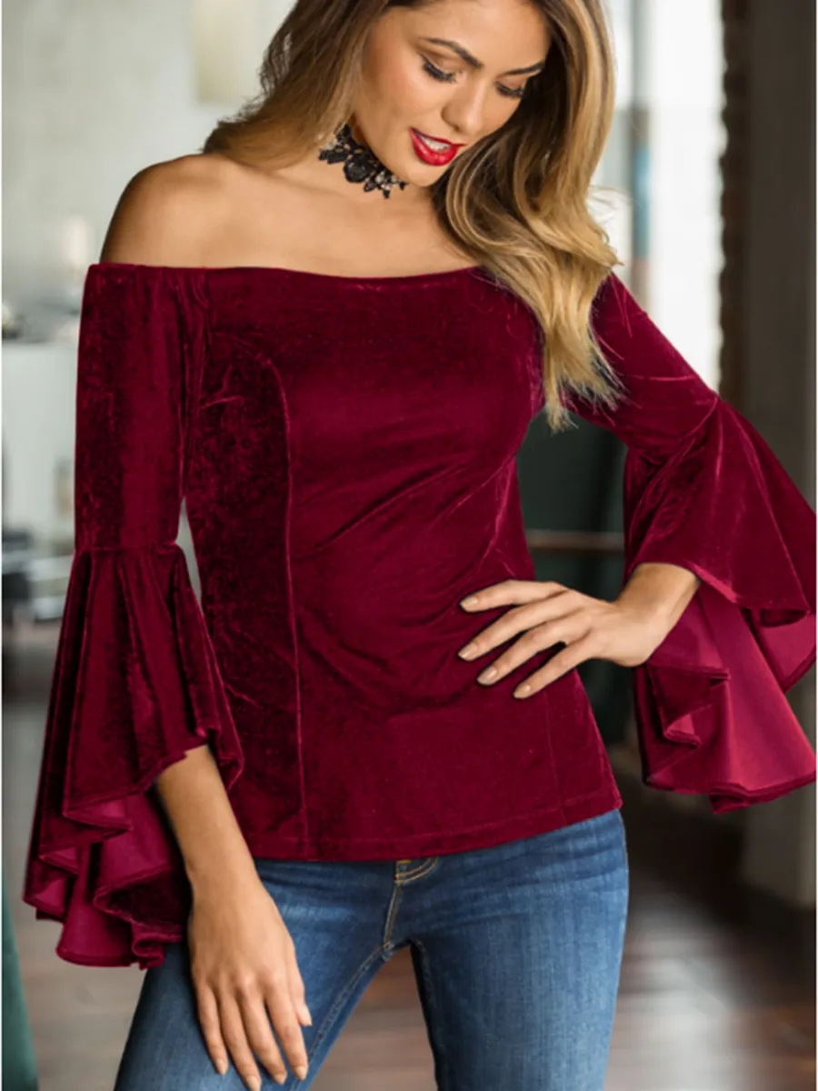 DarkRed Off Shoulder Velvet Flare Sleeve Top