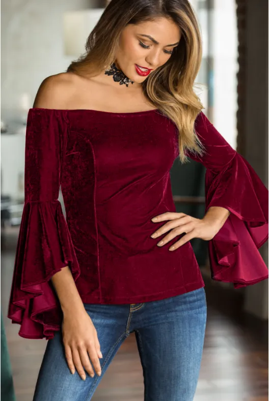 DarkRed Off Shoulder Velvet Flare Sleeve Top
