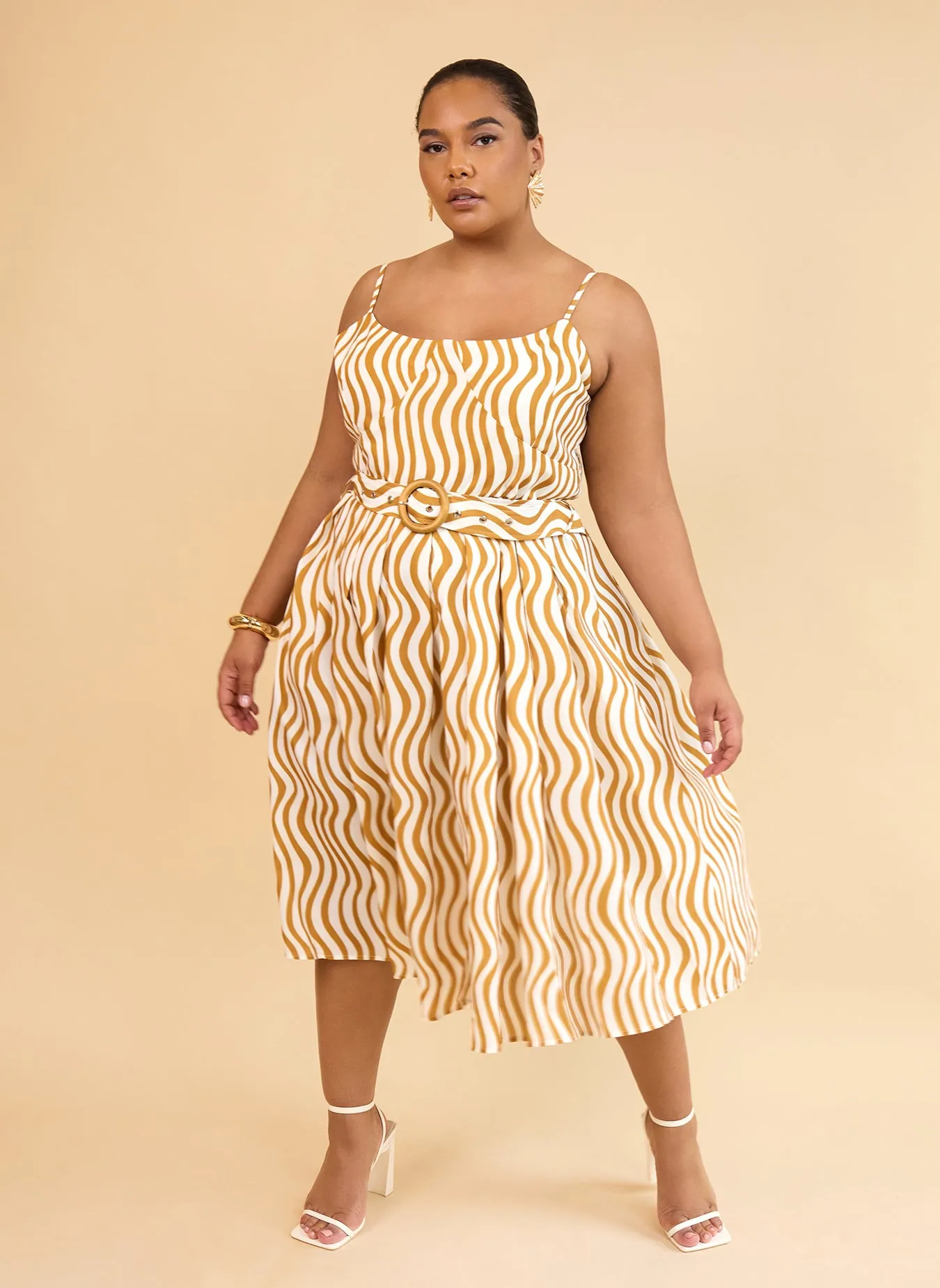 Darling Linen Wavy Stripe Midi A Line Dress W. Pockets