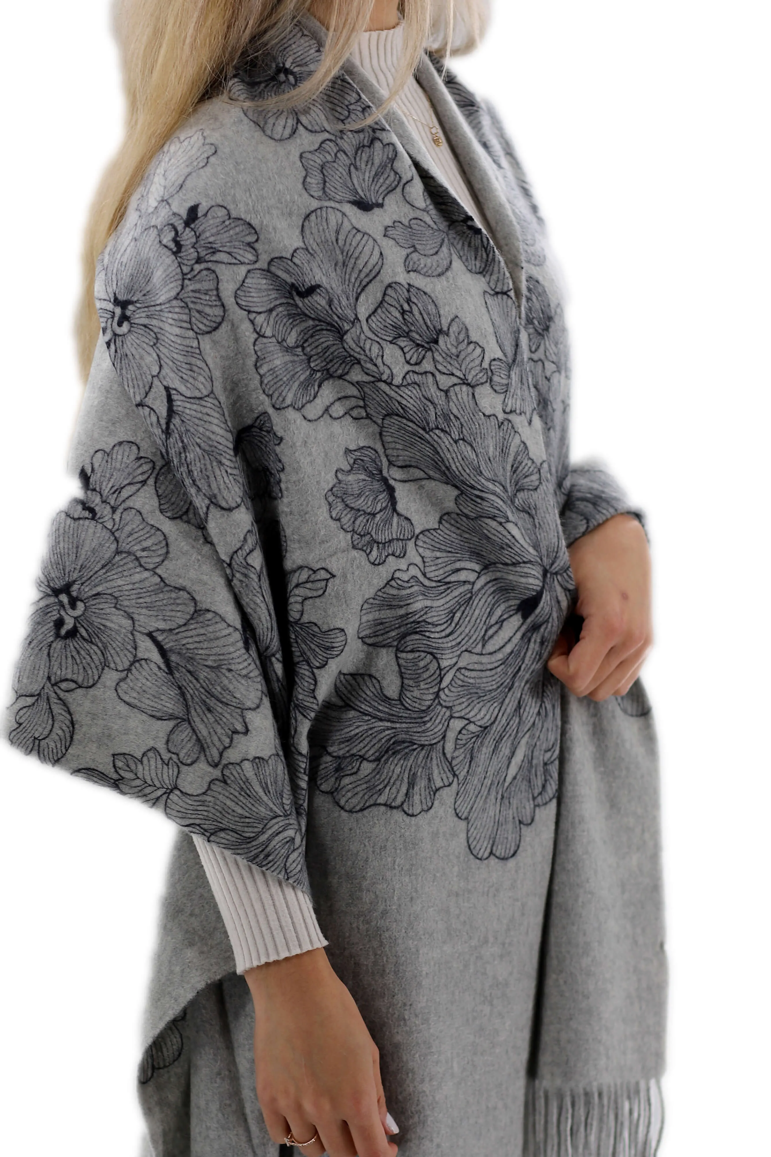 Floral Print Grey Cashmere Wrap - One Size (28x72)