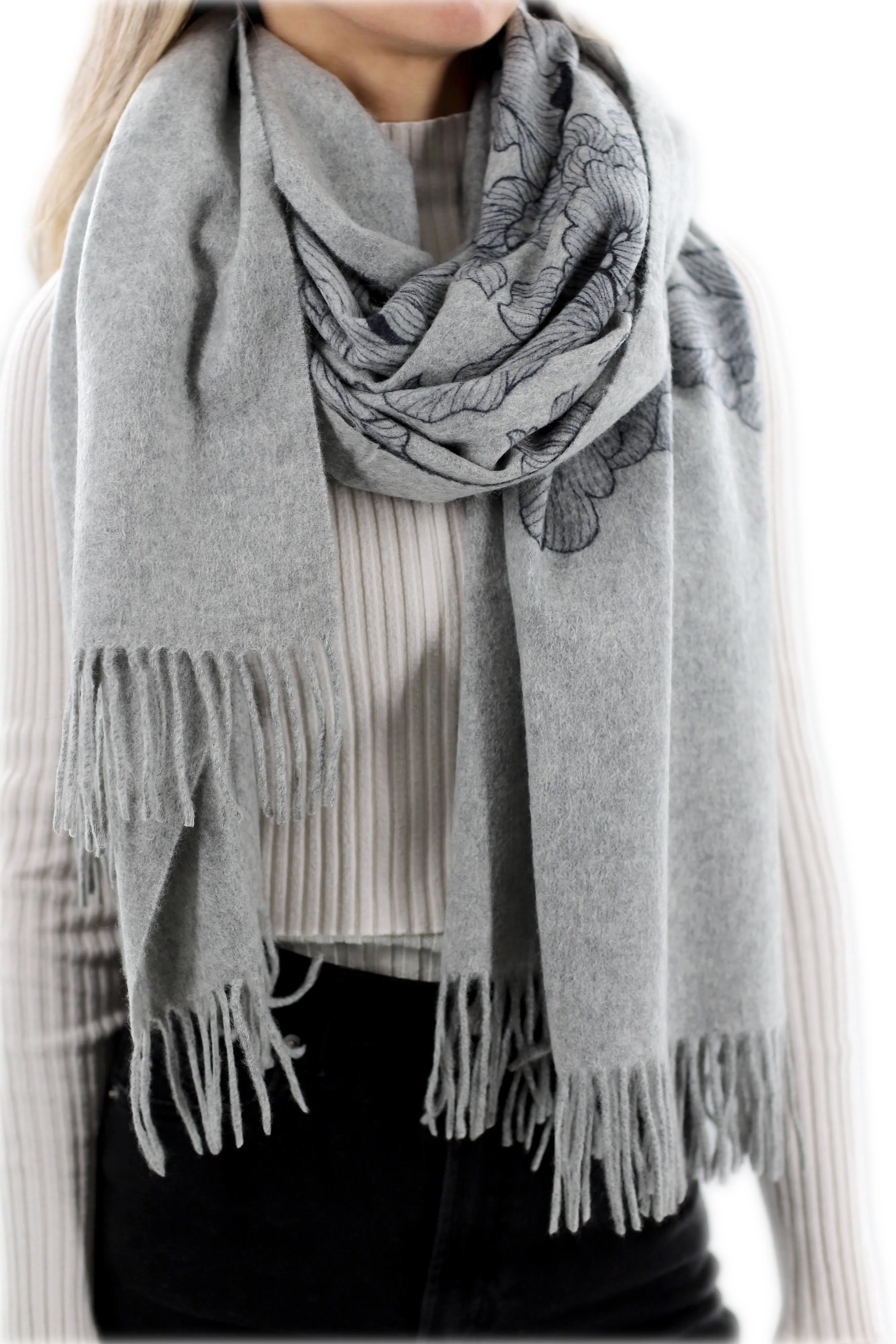 Floral Print Grey Cashmere Wrap - One Size (28x72)