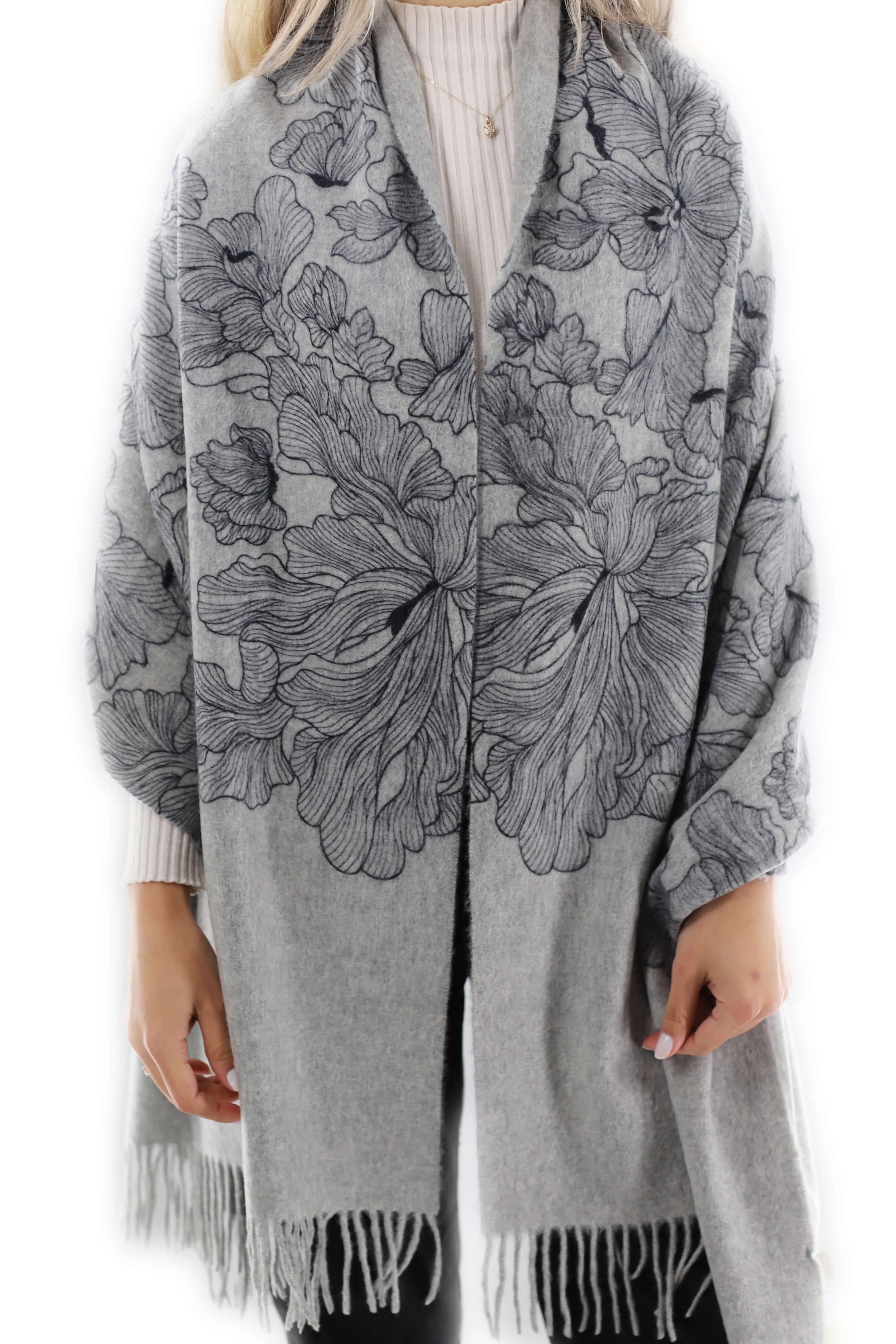 Floral Print Grey Cashmere Wrap - One Size (28x72)