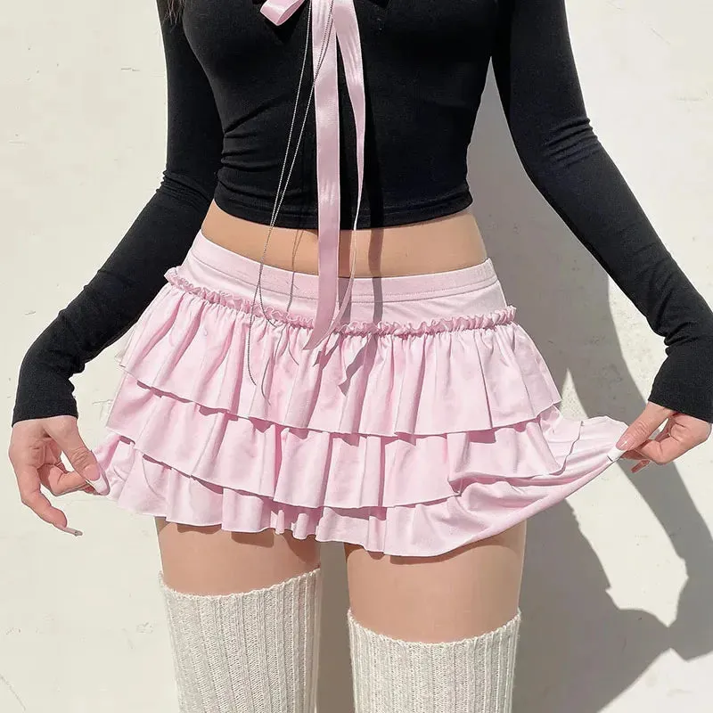 Girlary Bow Sweet A-Line Skirts Women Sexy Slim Low-Waist Casual Mini Skirts Y2K Female Summer Fashion Streetwear All-Match Pink Skirts