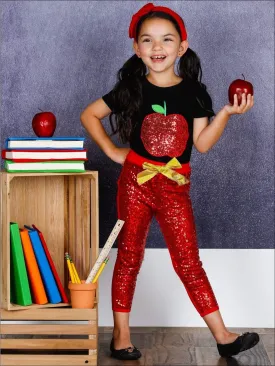 Girls 1st Day of School Sequin Apple Print T-shirt and Red Sequin Leggings Set with Bow