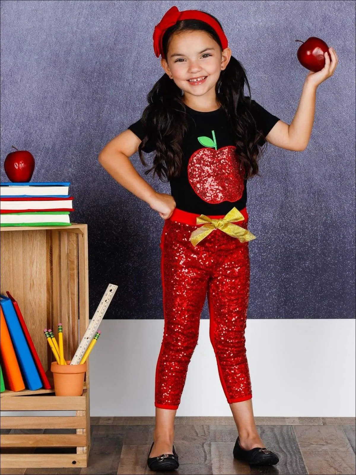 Girls 1st Day of School Sequin Apple Print T-shirt and Red Sequin Leggings Set with Bow
