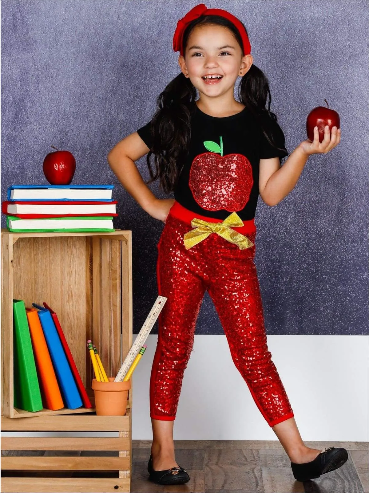 Girls 1st Day of School Sequin Apple Print T-shirt and Red Sequin Leggings Set with Bow