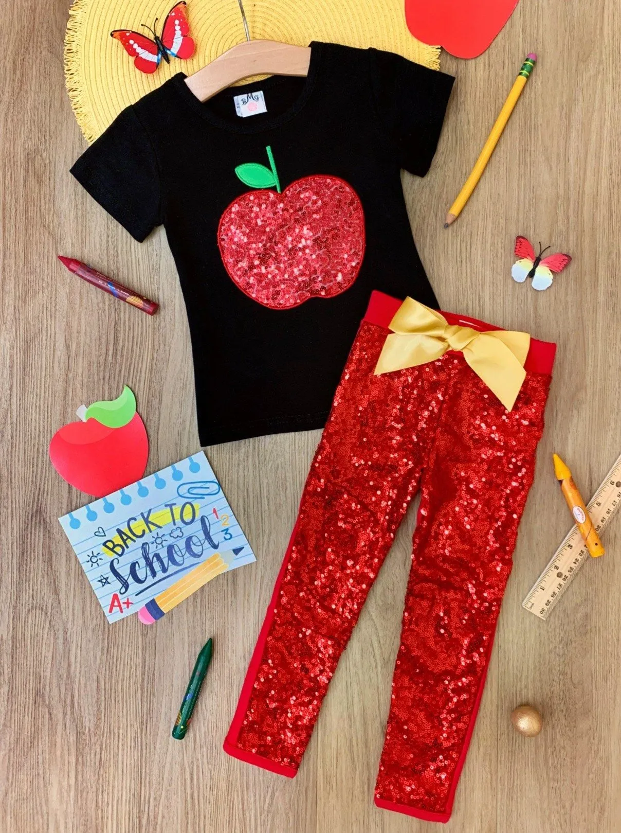 Girls 1st Day of School Sequin Apple Print T-shirt and Red Sequin Leggings Set with Bow