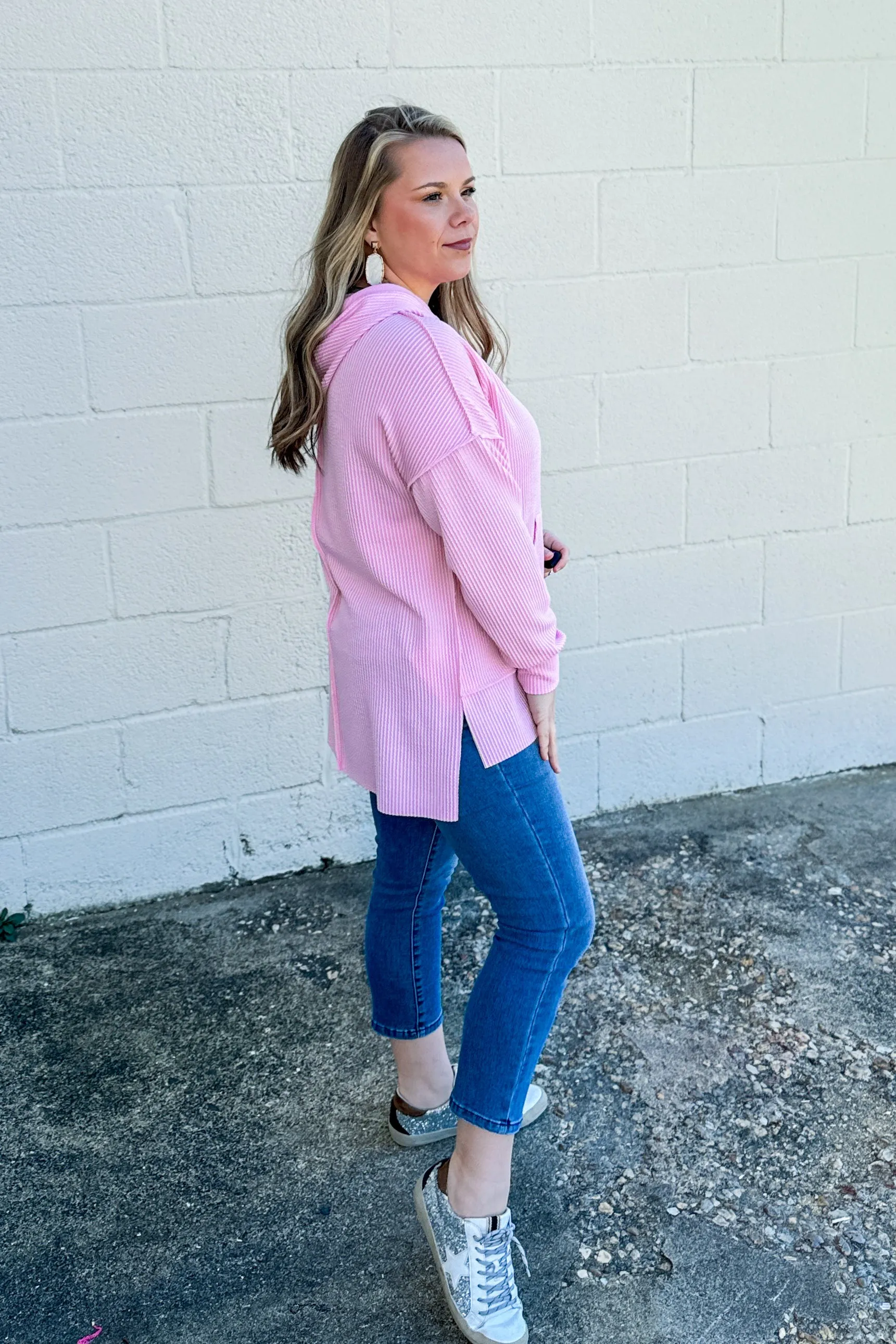Headed Home Ribbed Hoodie Top, Light Pink