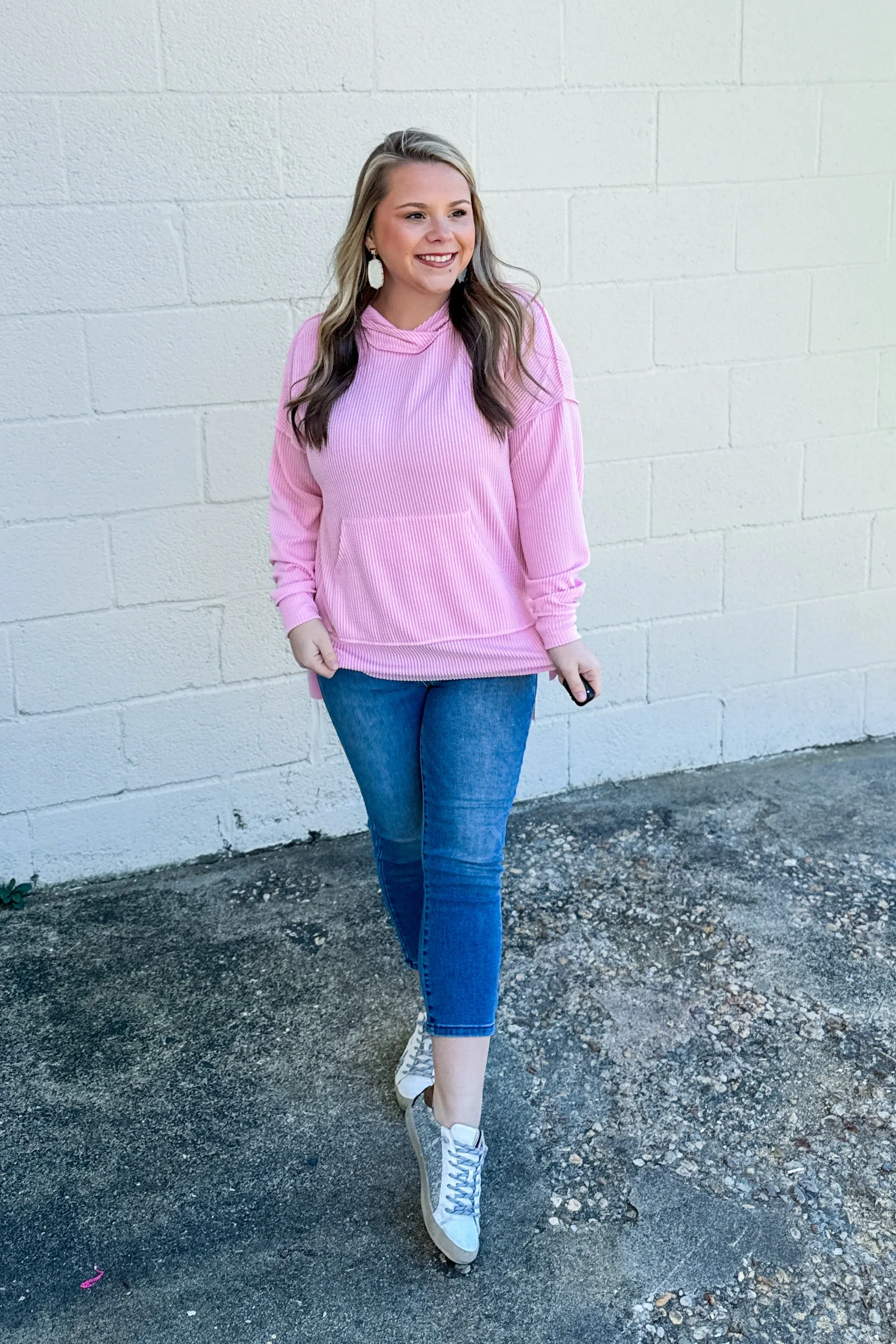 Headed Home Ribbed Hoodie Top, Light Pink
