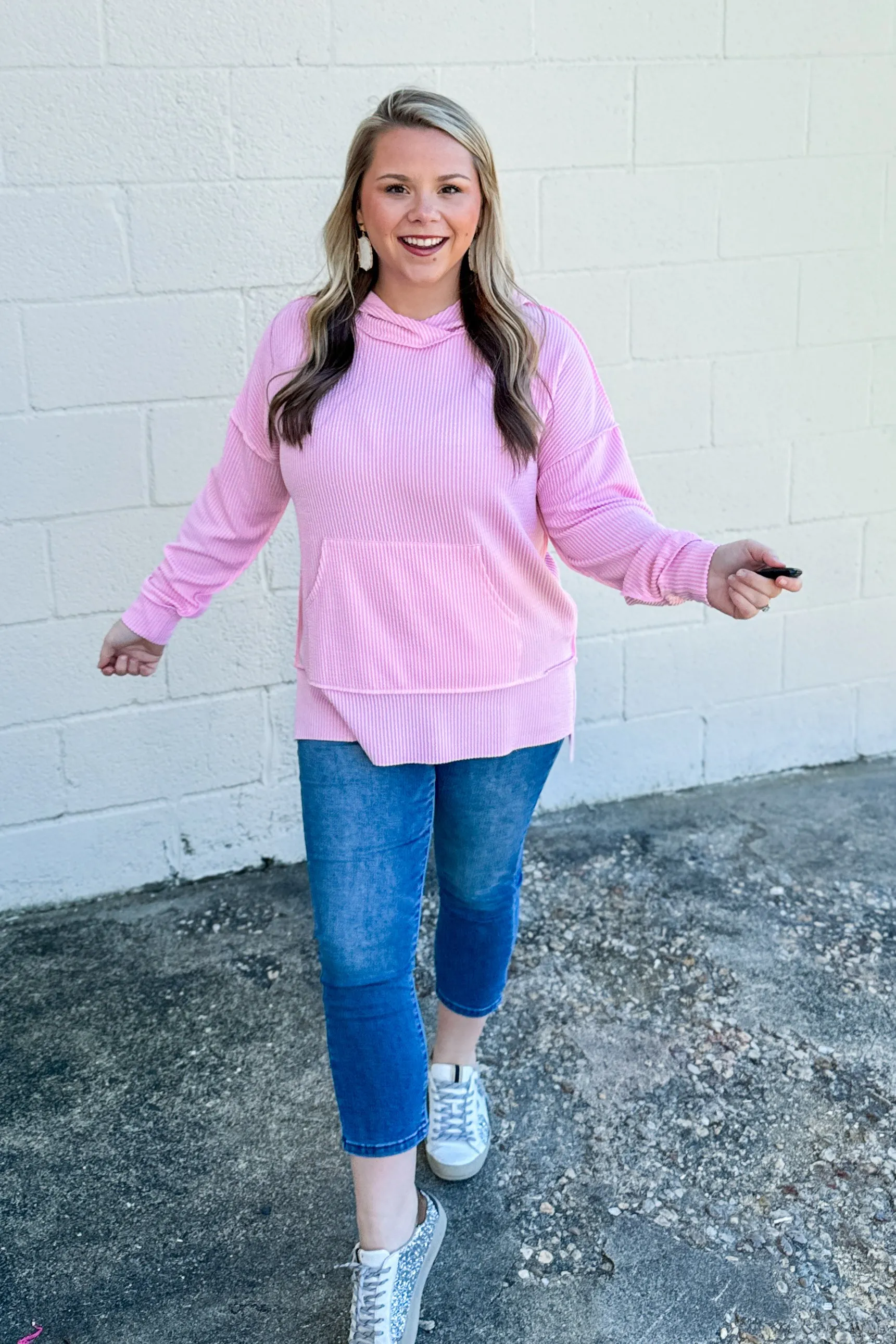Headed Home Ribbed Hoodie Top, Light Pink