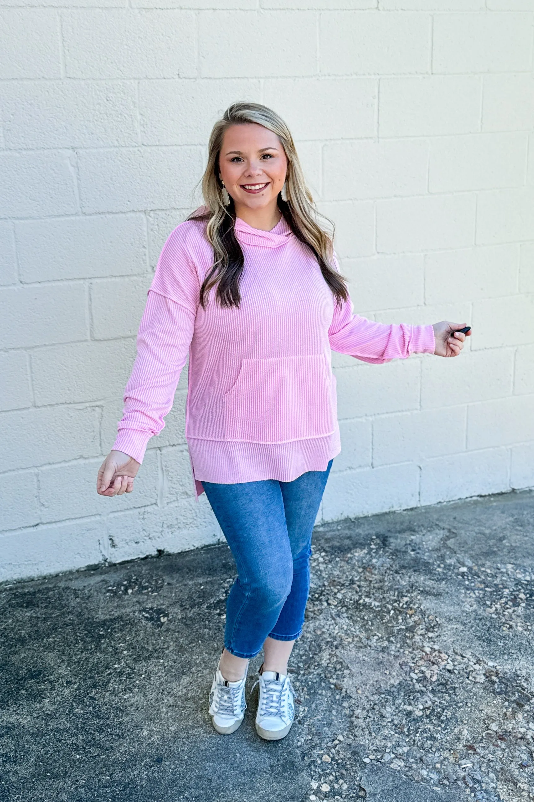 Headed Home Ribbed Hoodie Top, Light Pink