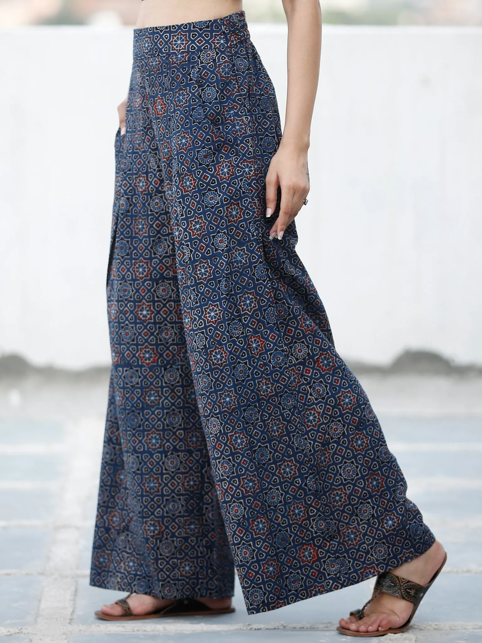 Indigo Red Black Ajrakh Hand Block Printed Semi Elasticated Waist Pleated Cotton Palazzo - P11F1591