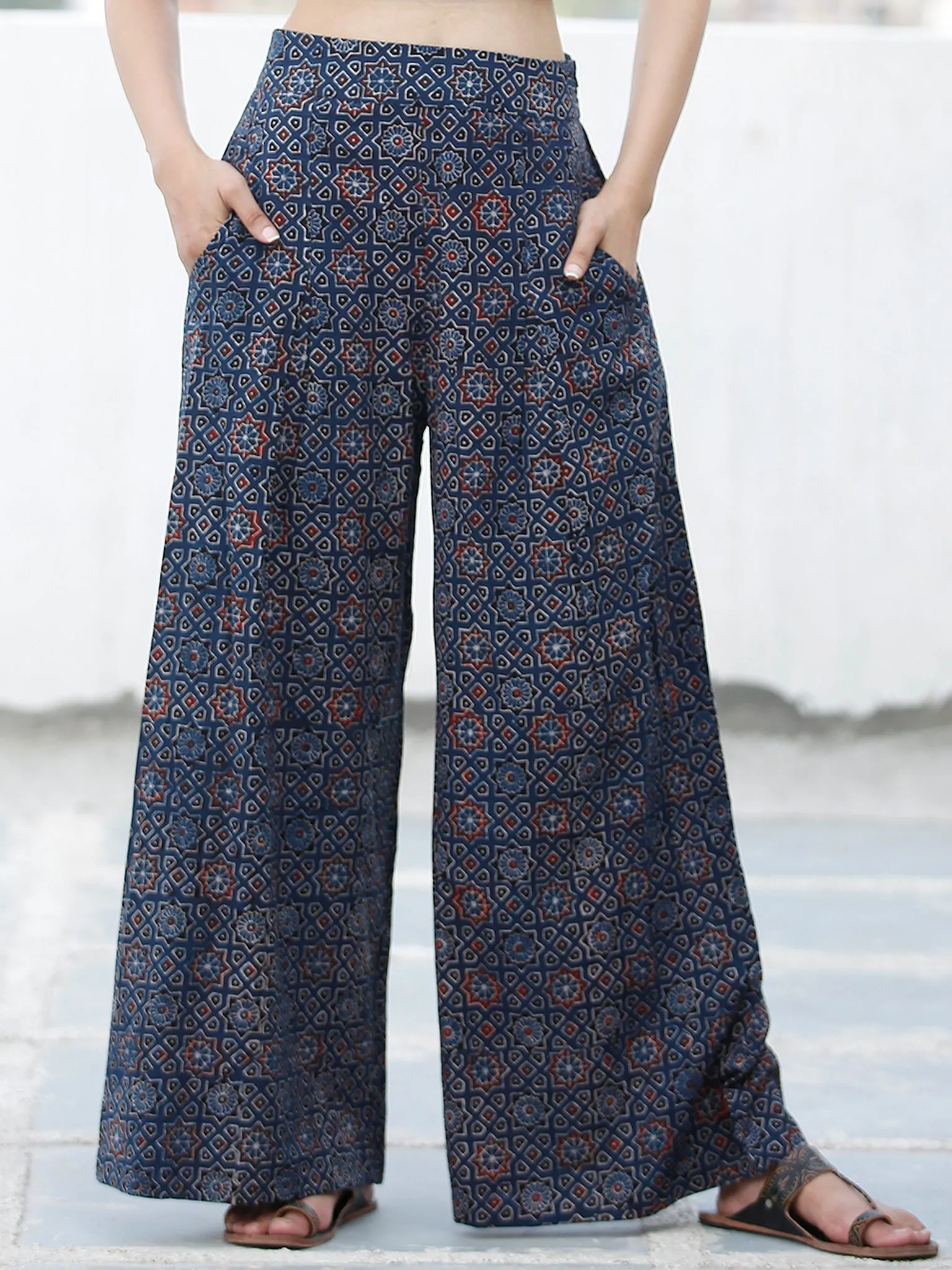 Indigo Red Black Ajrakh Hand Block Printed Semi Elasticated Waist Pleated Cotton Palazzo - P11F1591