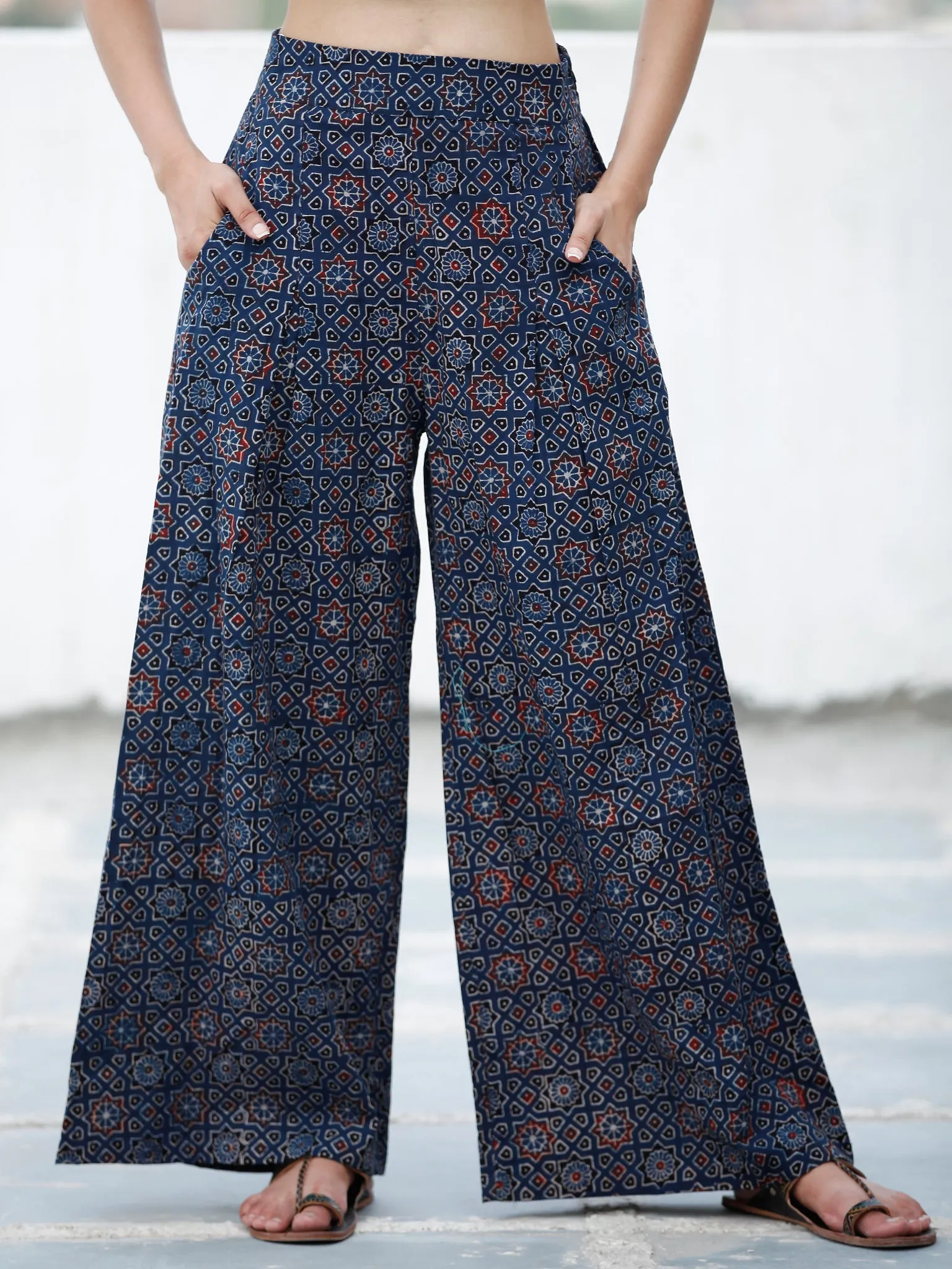 Indigo Red Black Ajrakh Hand Block Printed Semi Elasticated Waist Pleated Cotton Palazzo - P11F1591