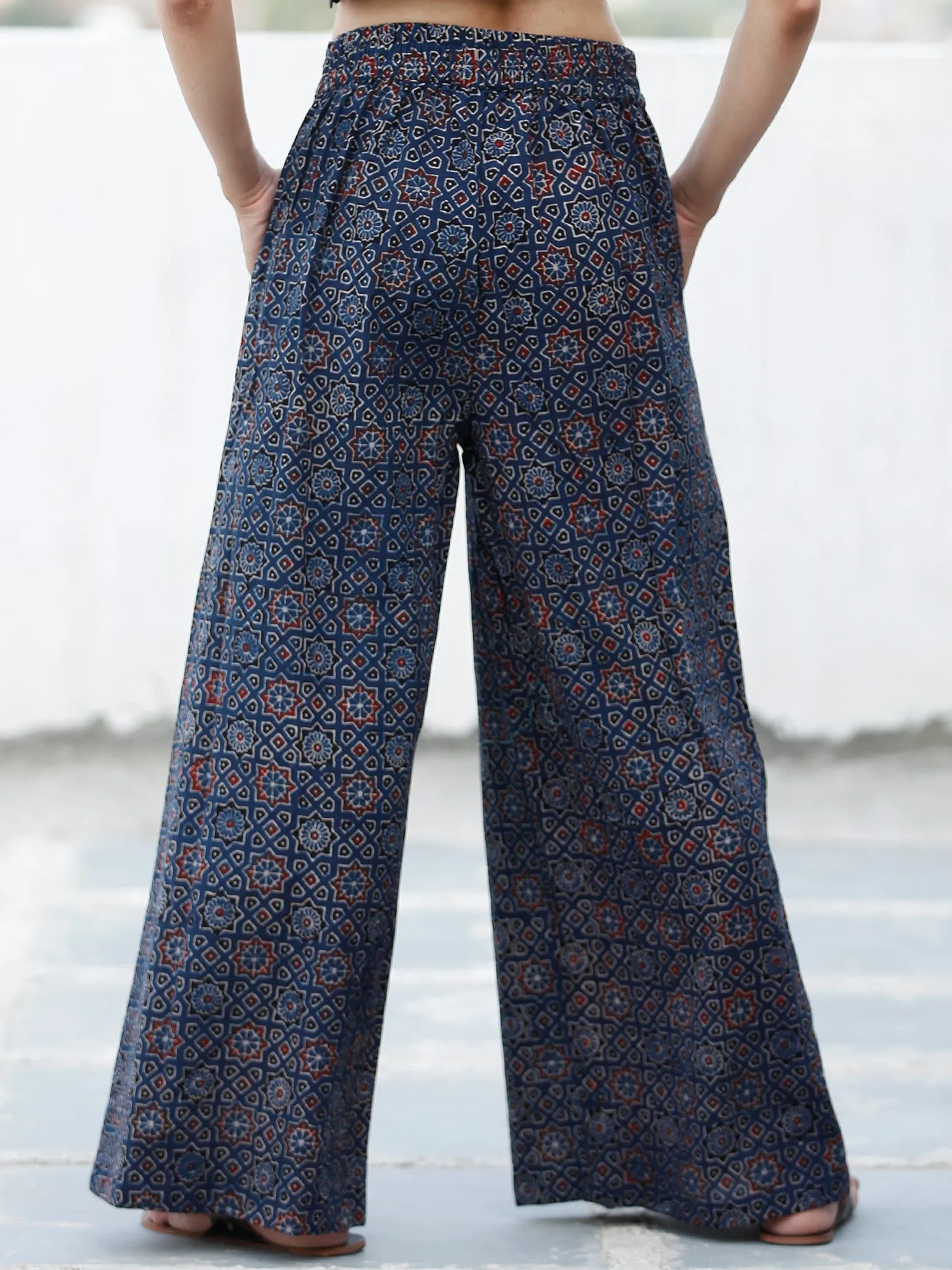 Indigo Red Black Ajrakh Hand Block Printed Semi Elasticated Waist Pleated Cotton Palazzo - P11F1591
