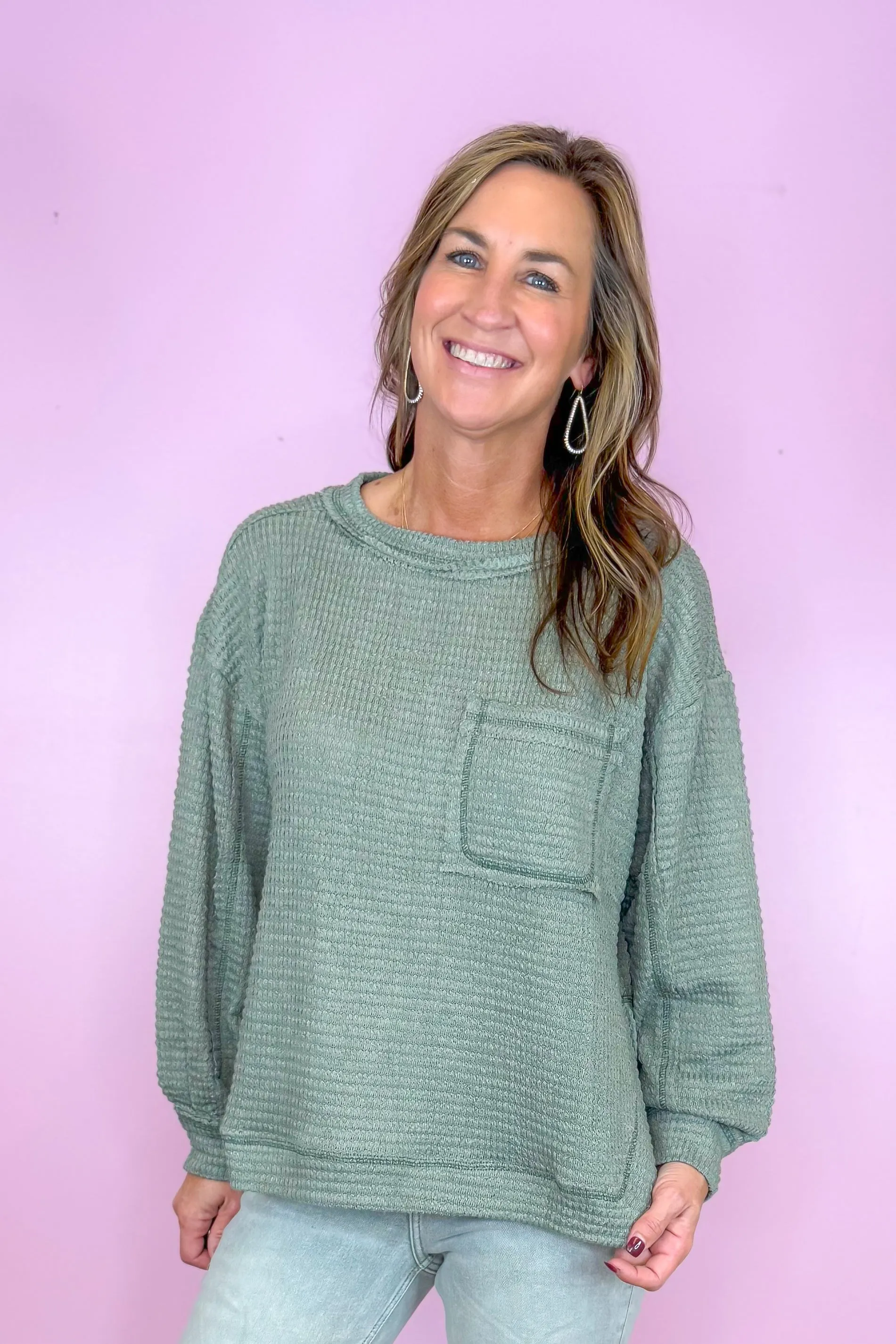 Live For The Weekend Olive Waffle Knit Long Sleeve Sweater Top