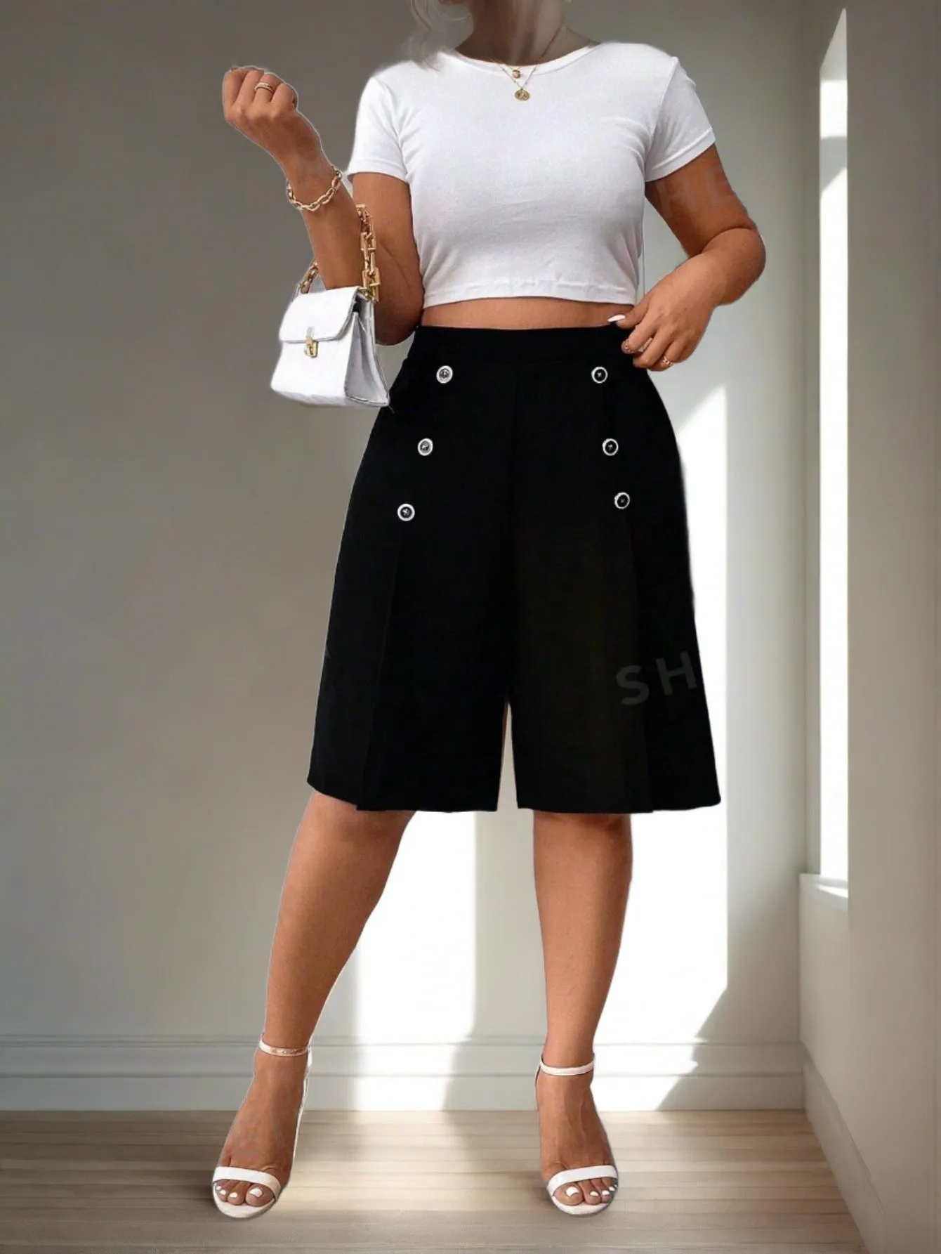 LUNE Plus Size Double-Breasted High-Waist Wide-Leg Seven-Quarter Pants