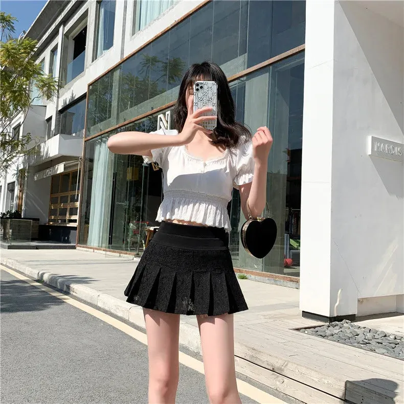 LVSANW A Line Mini Skirt New Ultra-short Mini Pants Elastic Waist Joker Lace Pleated  Sexy  Fashion Black White Skirt