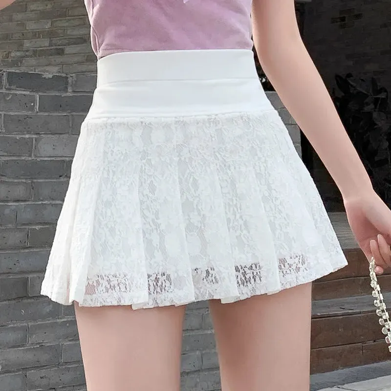 LVSANW A Line Mini Skirt New Ultra-short Mini Pants Elastic Waist Joker Lace Pleated  Sexy  Fashion Black White Skirt