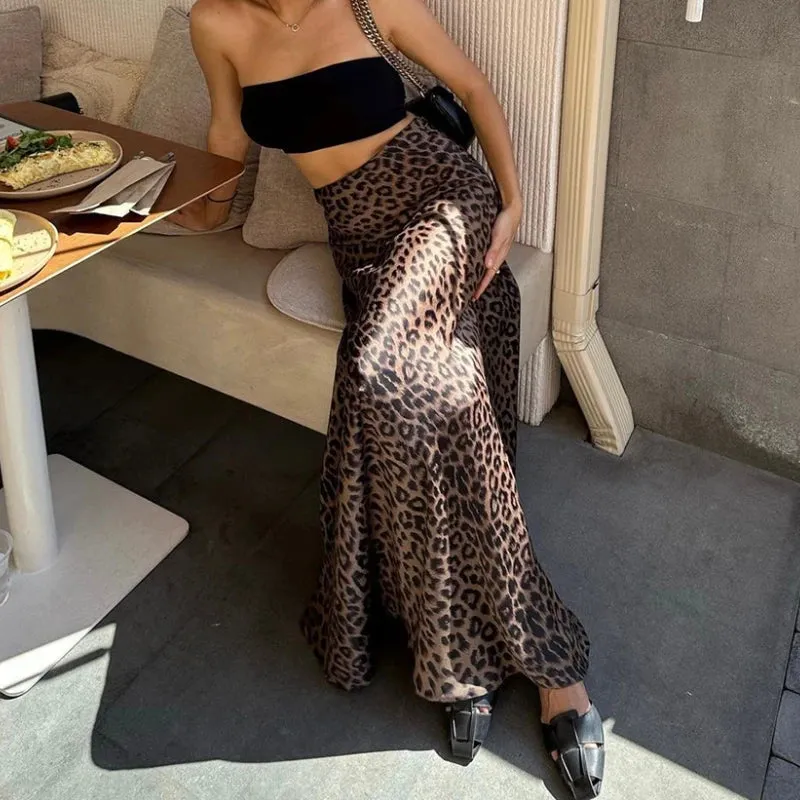 LVSANW DEEPTOWN Vintage Long Leopard Skirt Women Sexy Streetwear High Waist A-line Slim Print Maxi Mermaid Skirt Summer Party Club