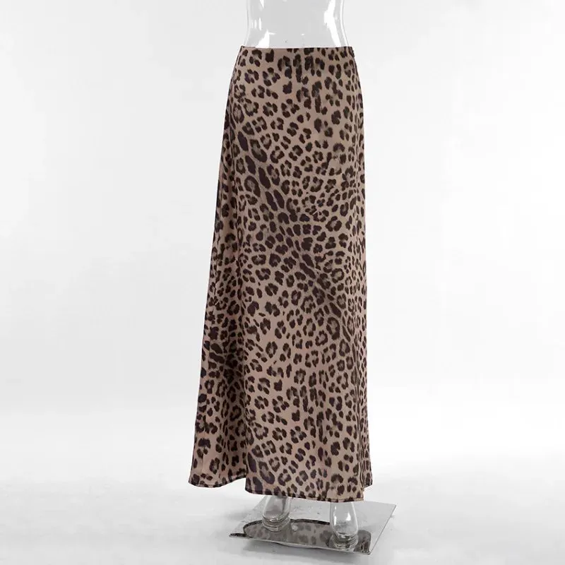 LVSANW DEEPTOWN Vintage Long Leopard Skirt Women Sexy Streetwear High Waist A-line Slim Print Maxi Mermaid Skirt Summer Party Club