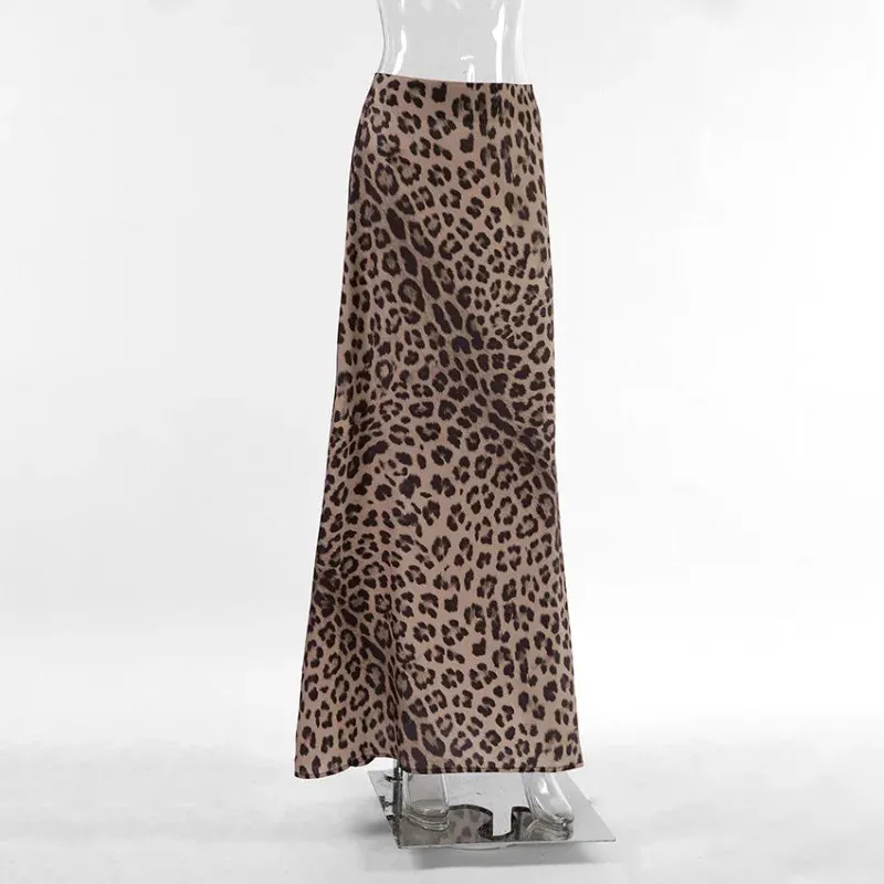 LVSANW DEEPTOWN Vintage Long Leopard Skirt Women Sexy Streetwear High Waist A-line Slim Print Maxi Mermaid Skirt Summer Party Club