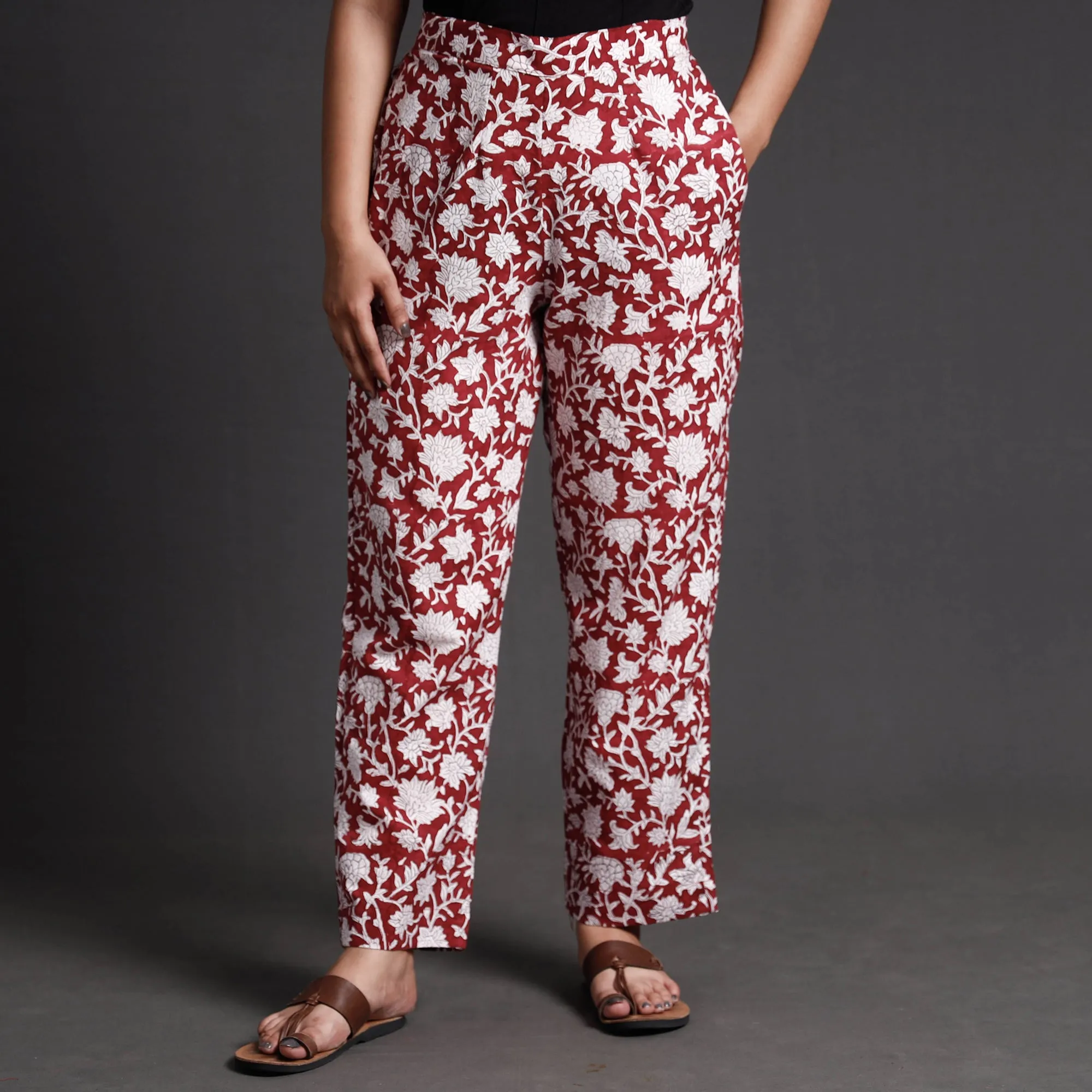 Maroon - Sanganeri Block Printed Cotton Elasticated Palazzo